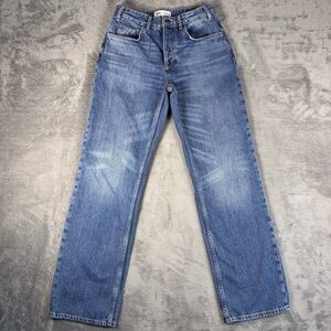 ZARA Straight Leg Jeans Women's 6 Blue Denim Whiskered Distressed *Flaw*